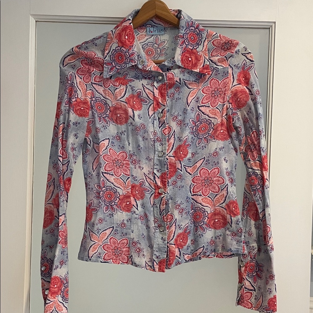 Floral Button-Up Blouse - Red and Blue
